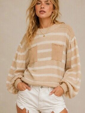 Free People Striped Linen Knit Sweater Large  NWT – Beige & Ivory